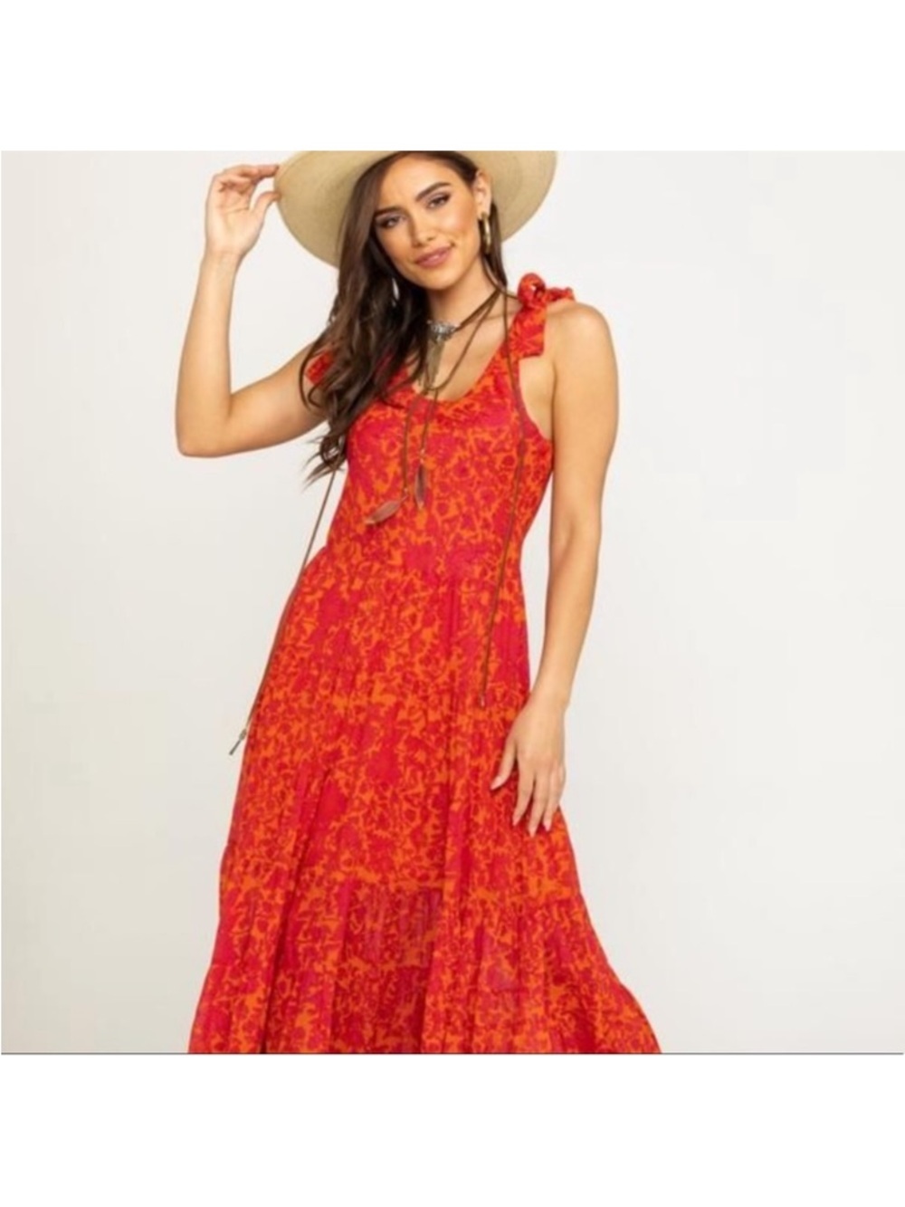 Free People Kikas Printed Midi Tiered Dress in Tangerine, Size XS - Picture 8 of 16